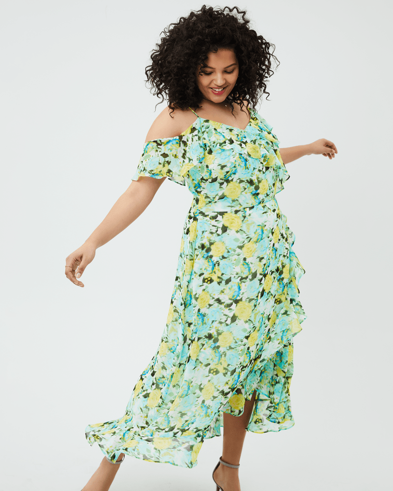 Front of a model wearing a plus size Grace Cold Shoulder Ruffle Maxi in White / Light Blue by Adorne. | dia_product_style_image_id:273804